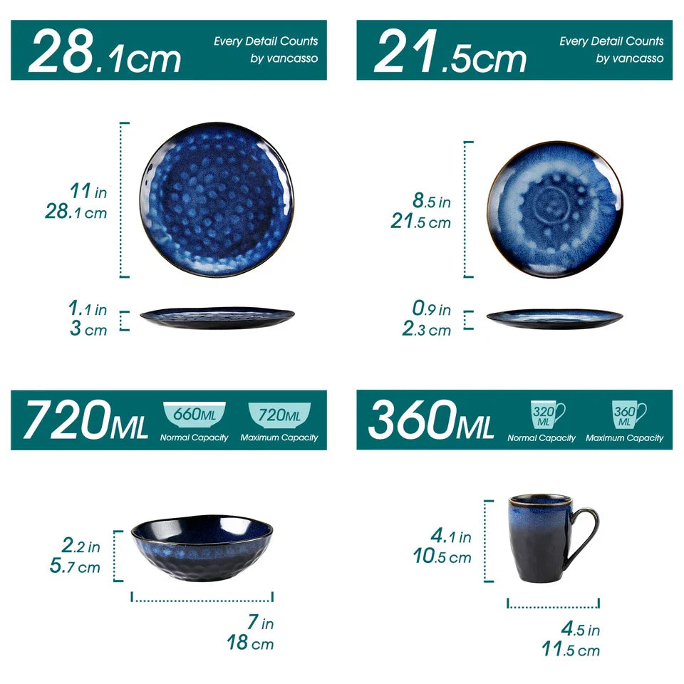 vancasso Dinner Set Ceramic Dinnerware Tableware Set Plates Bowls Cups Blue