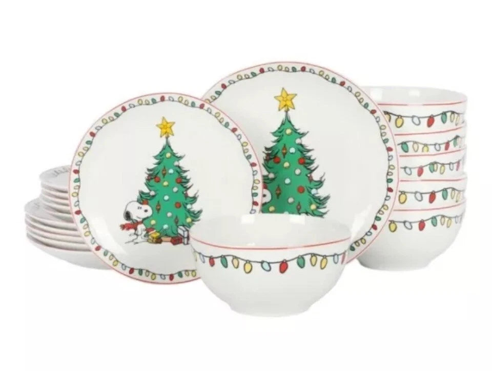 18 Pc Set Peanuts CHRISTMAS Fine Ceramic Dinnerware Dinner Salad Plates & Bowls